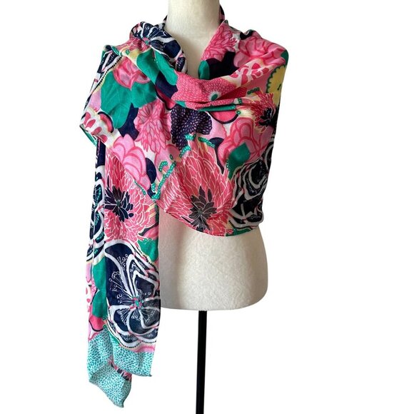 Floral Scarf Oblong Vibrant Flower Pink Navy Frayed Ends Fringe Long Wrap Hijab - Picture 4 of 13